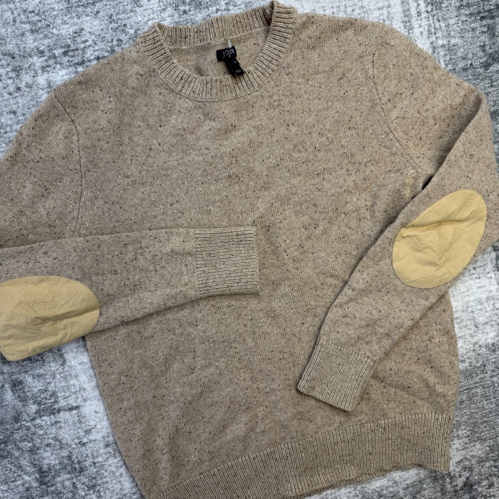 J Crew Sweater Mens Medium Beige Donegal Lambswool Elbow Patch Speckled Marled